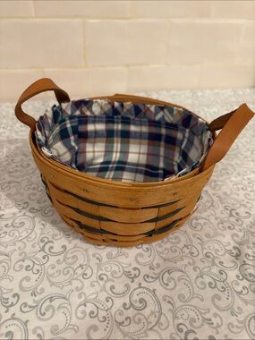 1993 Longaberger Hand Woven Basket with Blue Plaid Liner & 2 Plastic Protectors